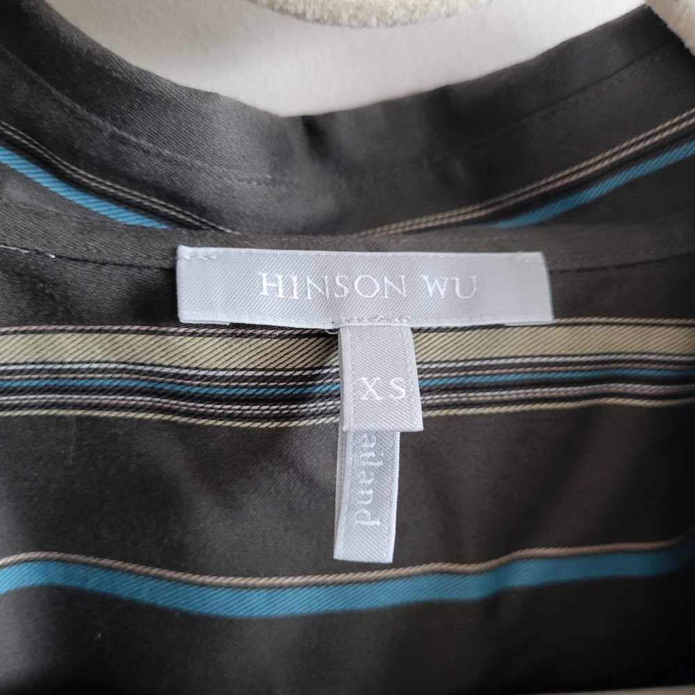 Hinson Wu Charlotte 3/4 Sleeve Variegated Satin Stripe Top Oregano Multi - Picture 6 of 7